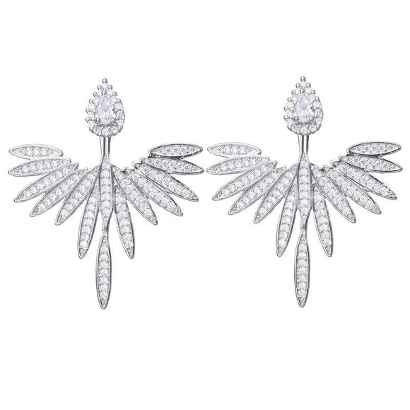 Diamond Angel Wings Ear Hugger Crawler Stud Earrings - Picture 2 of 7